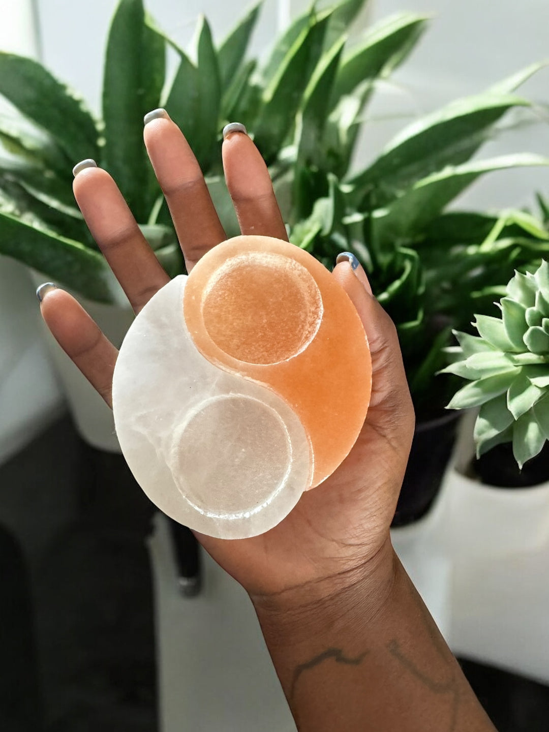 Dual Selenite Ying Yang T-lite Candle Holder for Energy Renewal