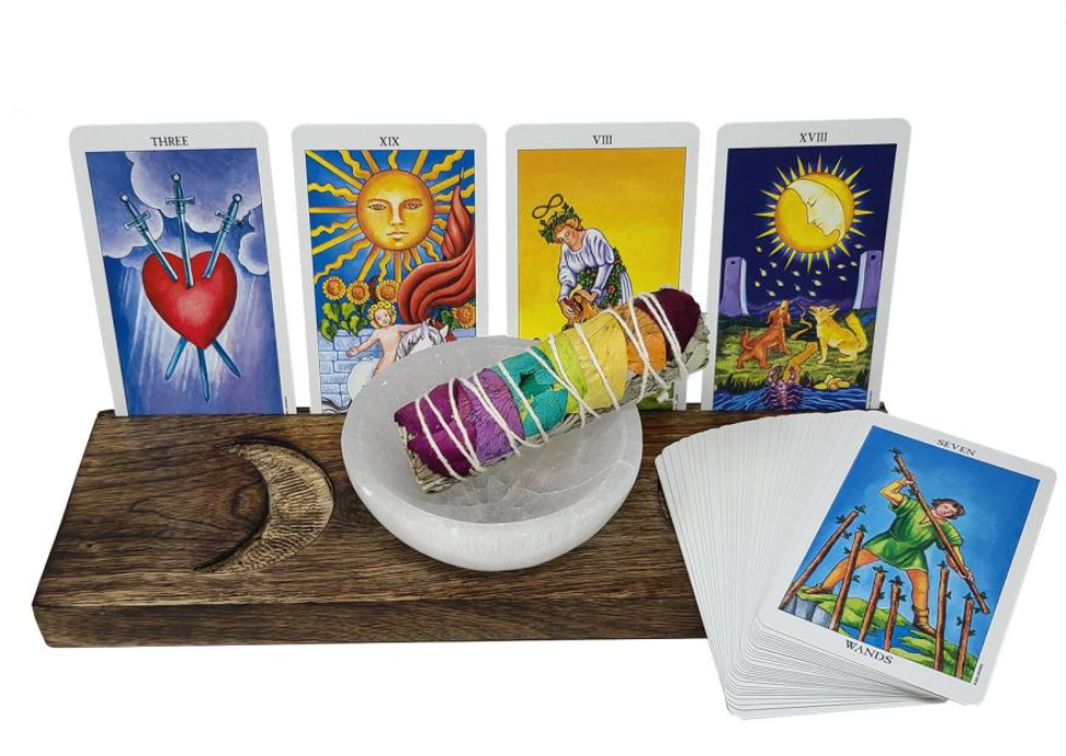 Wooden Tarot Card Holder with Triple Moon Design