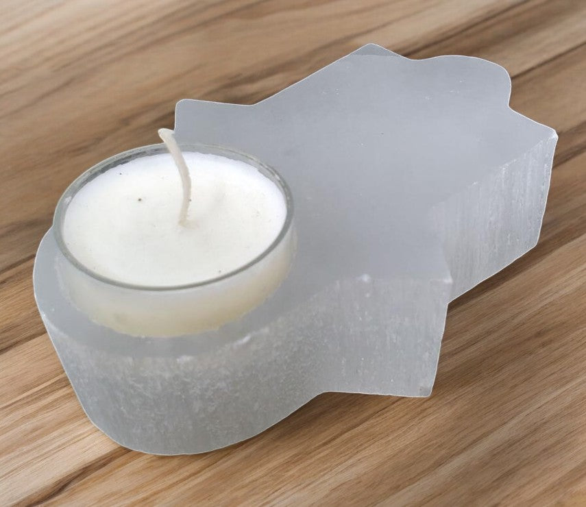 Selenite Hamsa Hand Candle Holder