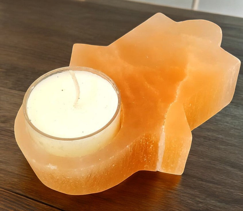 Orange Selenite Hamsa Hand Candle Holder