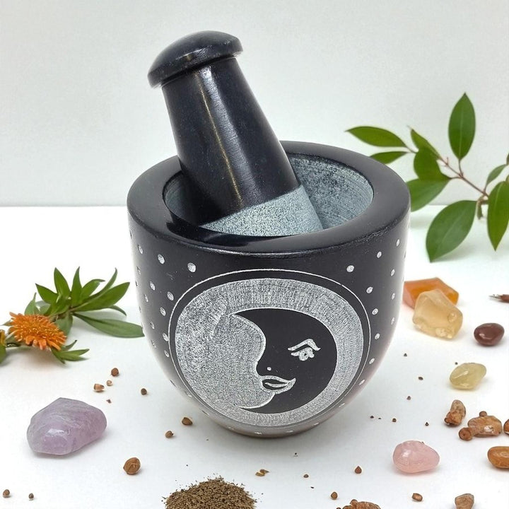 Moon Carved Black Soapstone Mortar & Pestle 3"W x 3"H