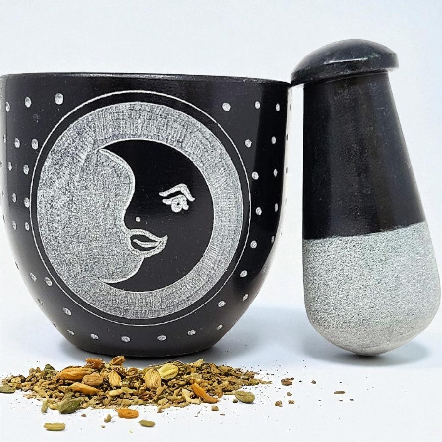 Moon Carved Black Soapstone Mortar & Pestle 3"W x 3"H