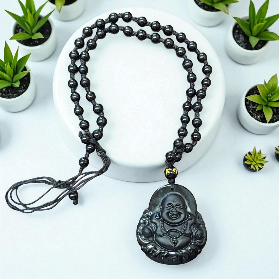 Obsidian Mala Necklace with Laughing Buddha – Adjustable Pendant